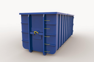 Blog 14 Caçamba Roll-On/Roll-Off azul e branca da Multilix sobre chassi de caminhão, pronta para descarte e transporte de resíduos em obras e construção.