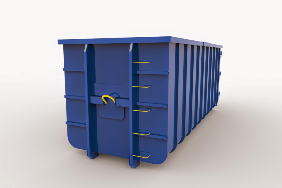 Home 88 Caçamba Roll-On/Roll-Off azul e branca da Multilix sobre chassi de caminhão, pronta para descarte e transporte de resíduos em obras e construção.