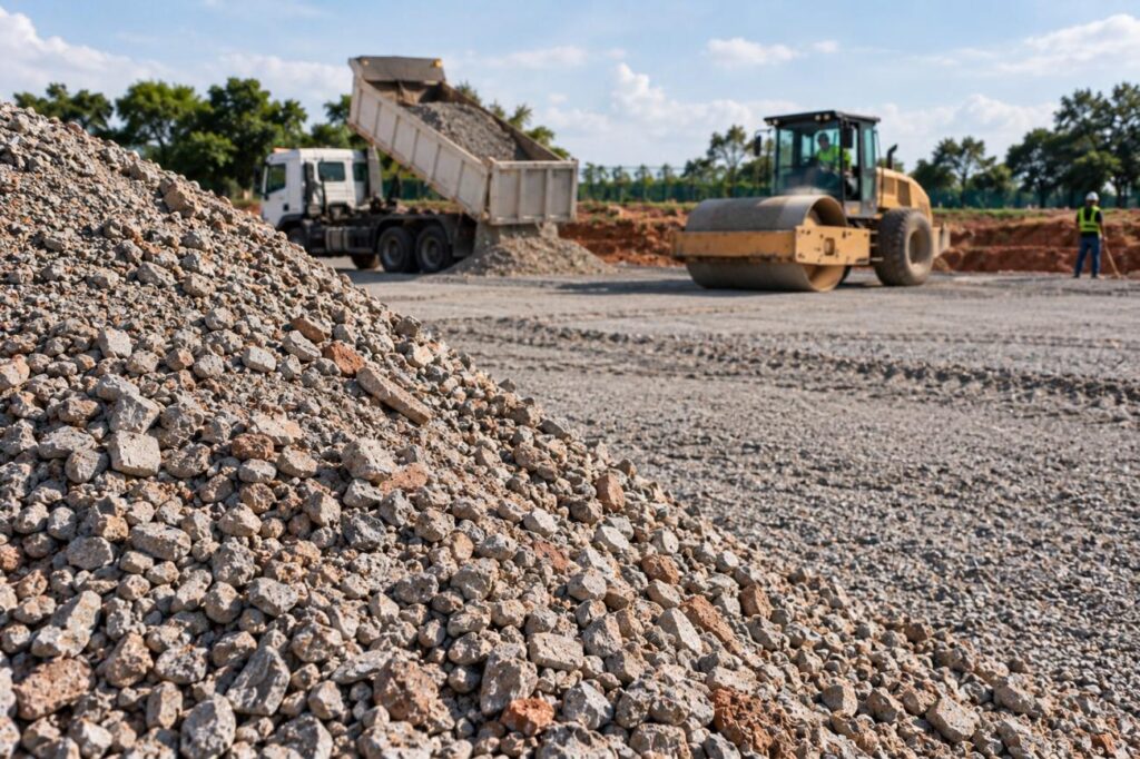 Bica corrida reciclada da Multilix em obra de terraplenagem, com pilha de agregados, caminhão basculante e rolo compactador preparando a sub-base.
