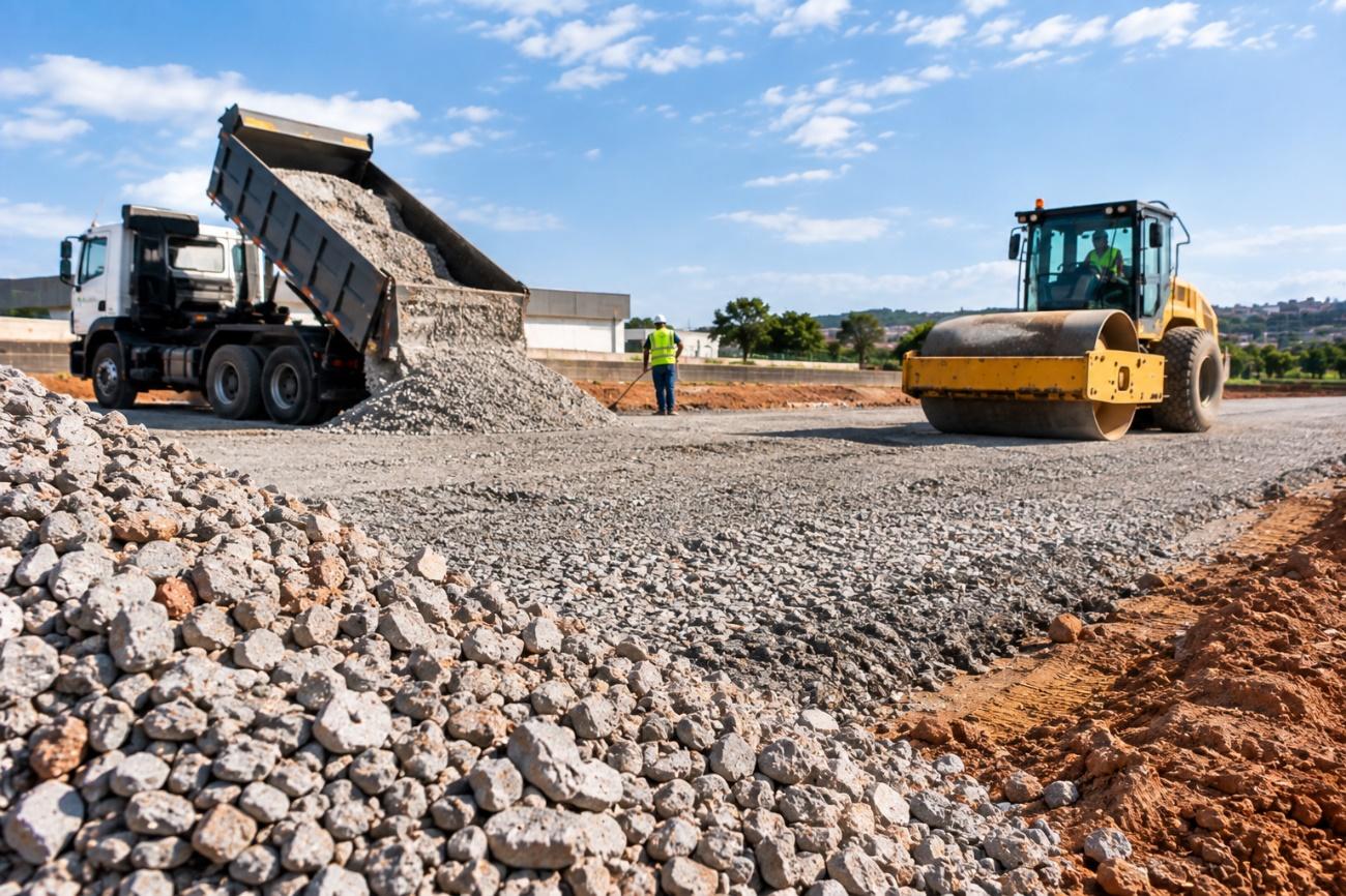 Caminhão basculante descarregando bica corrida enquanto o rolo compactador e o operador preparam a sub-base em obra de terraplenagem.