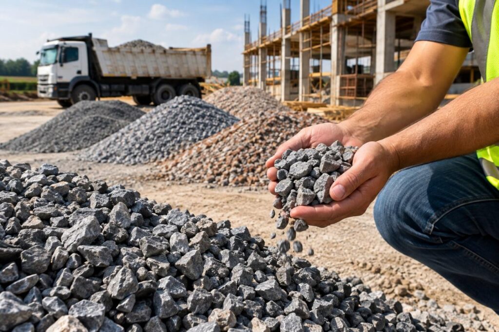 Brita para construção civil em pátio de obras da Multilix, com diferentes agregados, caminhão basculante e trabalhador analisando as pedras.