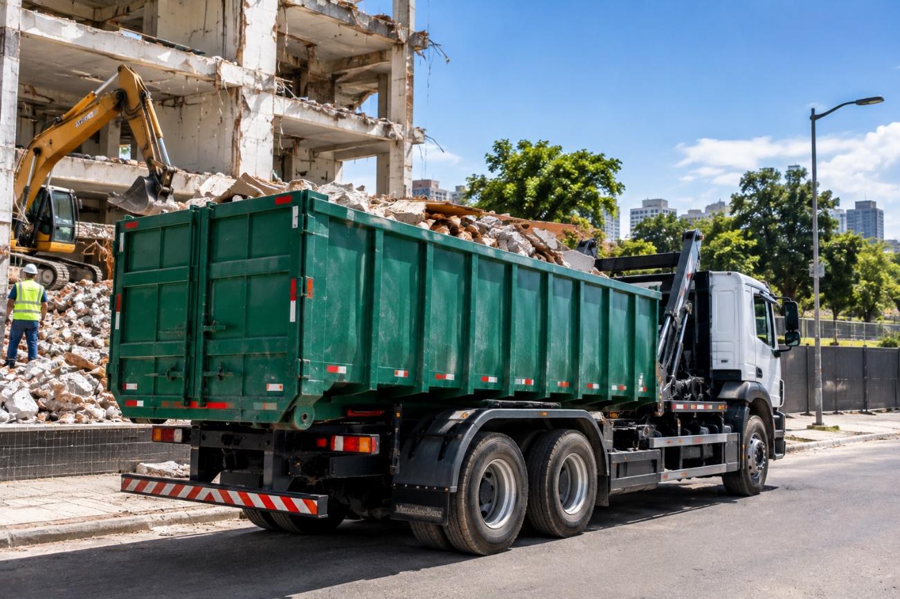 Caminhão roll on com caçamba verde carregada de entulho em obra de demolição, ao lado de escavadeira amarela e trabalhador com EPI.