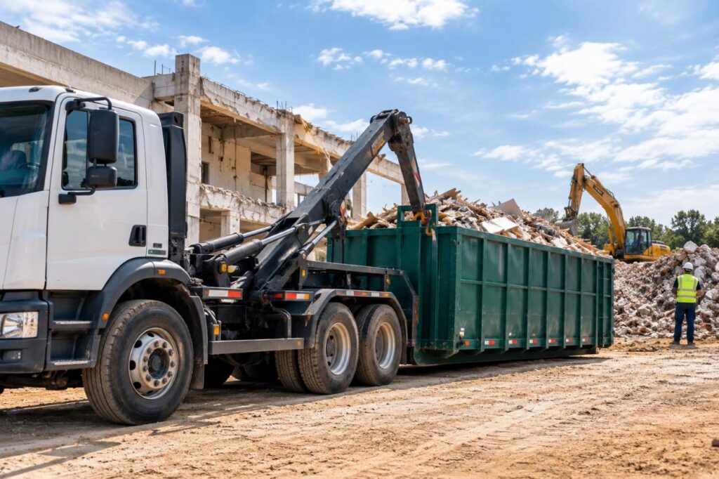 Caminhão roll on da Multilix com caçamba cheia de entulho em obra de demolição, ao lado de escavadeira e trabalhador com equipamento de segurança.