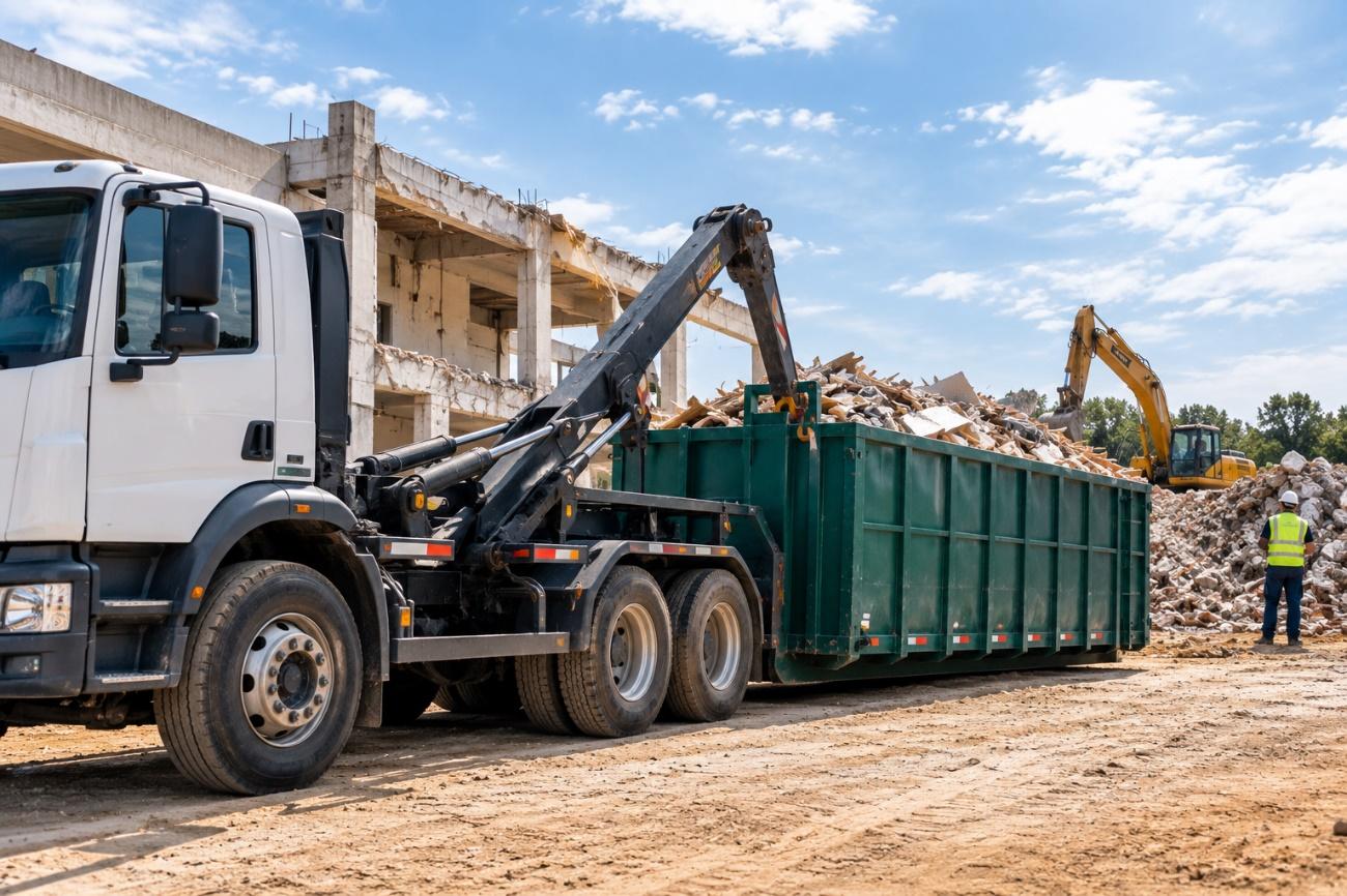 Home 87 Caminhão roll on da Multilix com caçamba cheia de entulho em obra de demolição, ao lado de escavadeira e trabalhador com equipamento de segurança.