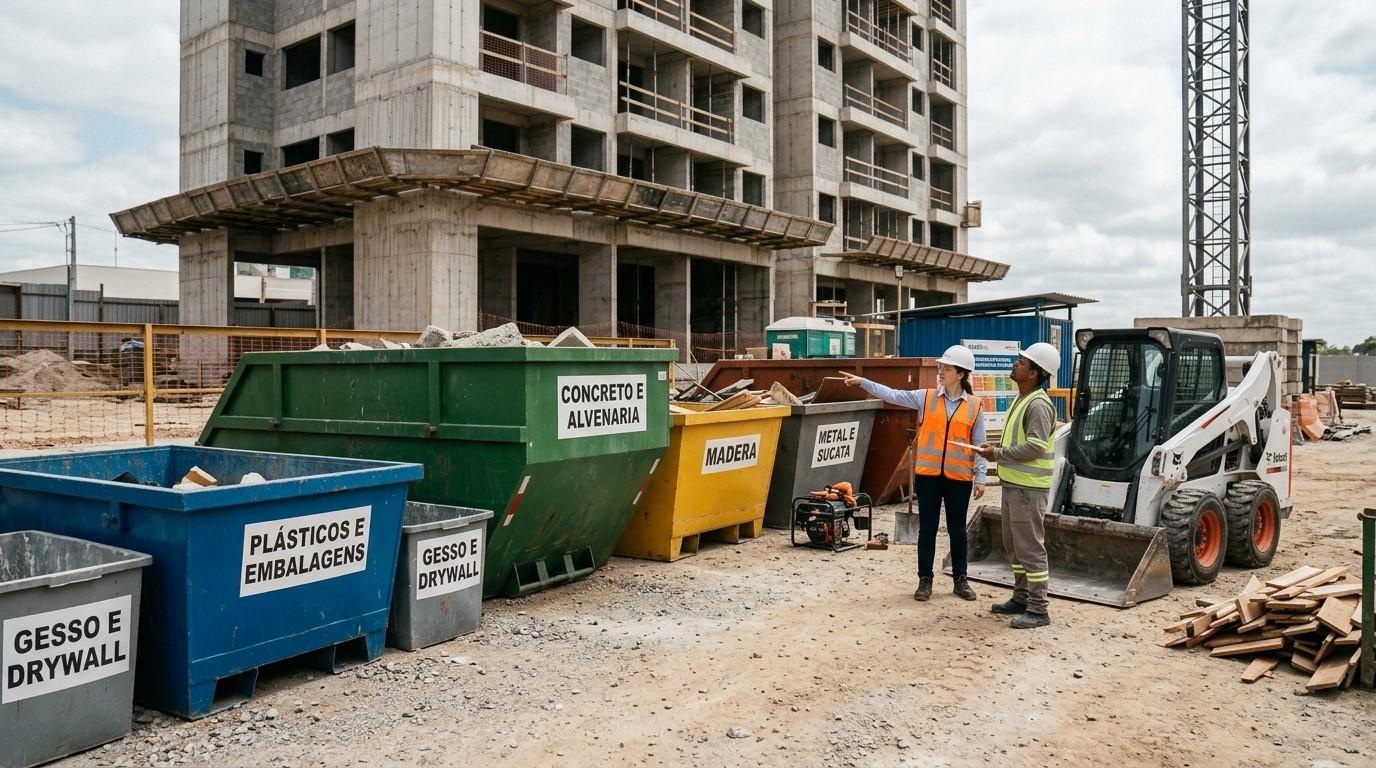 Orçamento de PGRCC: Como contratar a consultoria ambiental ideal para a sua construtora 1 Canteiro de obra com dois profissionais em EPI ao lado das caçambas de segregação de resíduos: gesso e drywall, plásticos, concreto e alvenaria, madeira e metal.