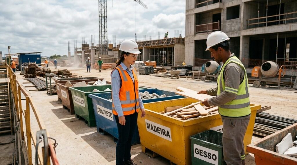 Engenheira e operário organizam resíduos de obra em caçambas de segregação. A gestão técnica e ambiental no canteiro reflete o padrão de consultoria PGRCC da Multilix.
